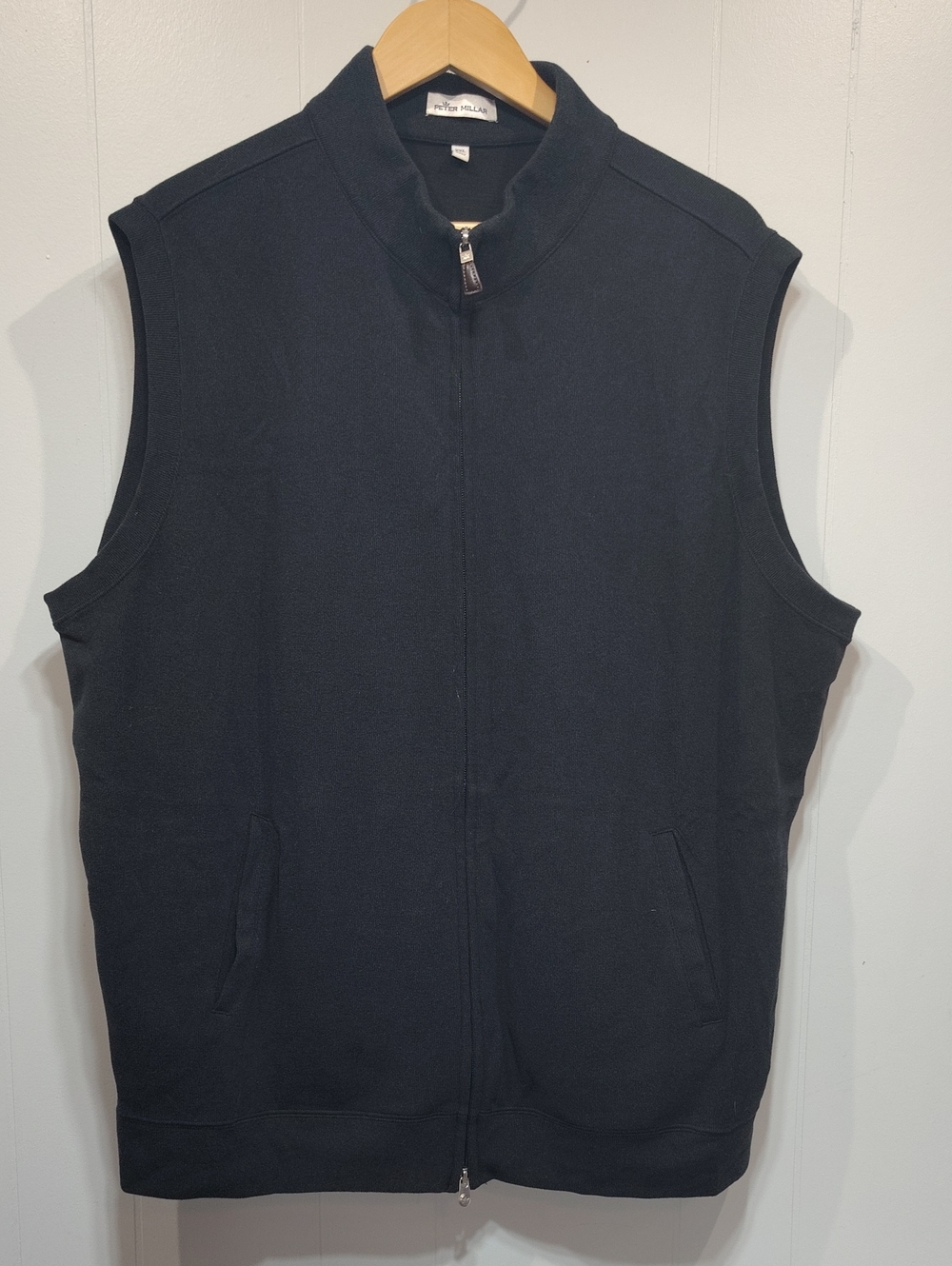 Peter Millar Black Full Zip Sweater Vest Leather Pull XXL 2XL Luxury Golf